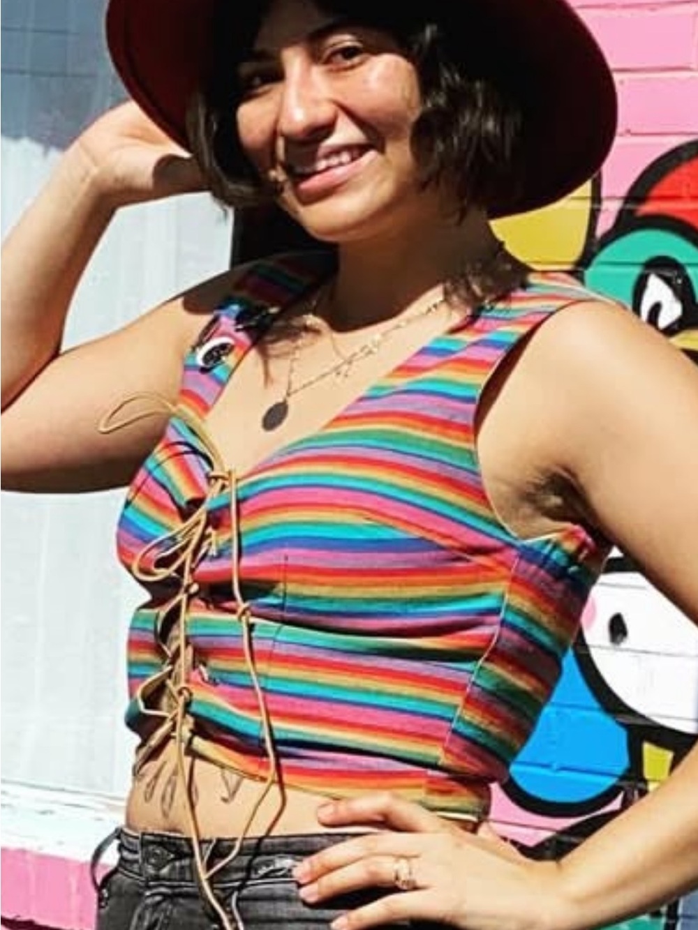 70s Rainbow Striped vest Lace-Up Crop Top in Yellow